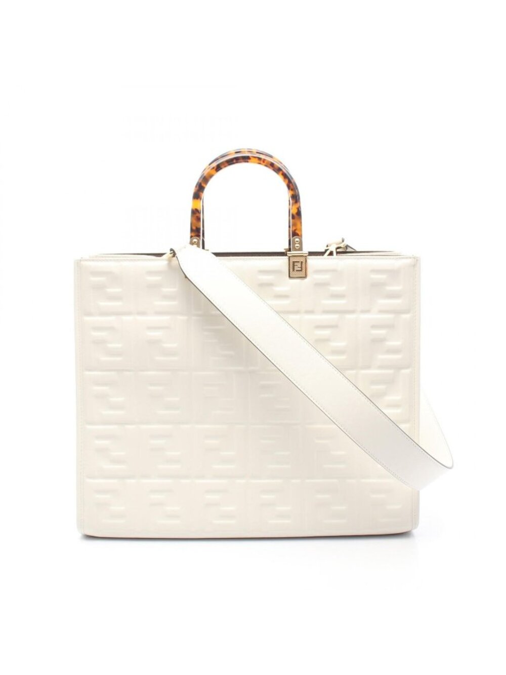 Fendi Tote Sunshine Medium FF Embossed 2-Way White Leather